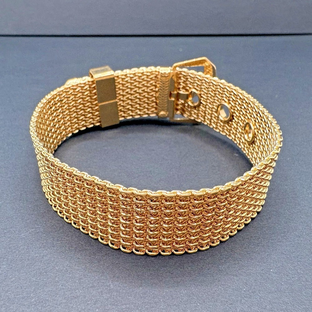 Vintage Avon Mesh Gold Tone Wide Belt Buckle Bracelet Adjustable